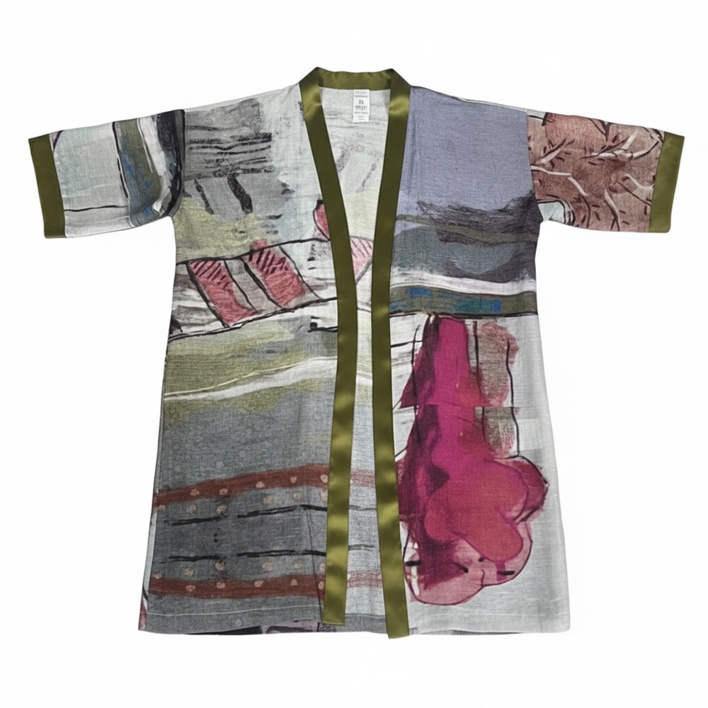 NWOT Pocketed Art To Wear Colorful Open Front Kimono, Linen Silk Blend OS